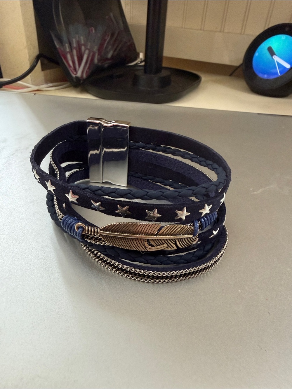 Navy leather feather stars studded wrap 8” magnetic bracelet